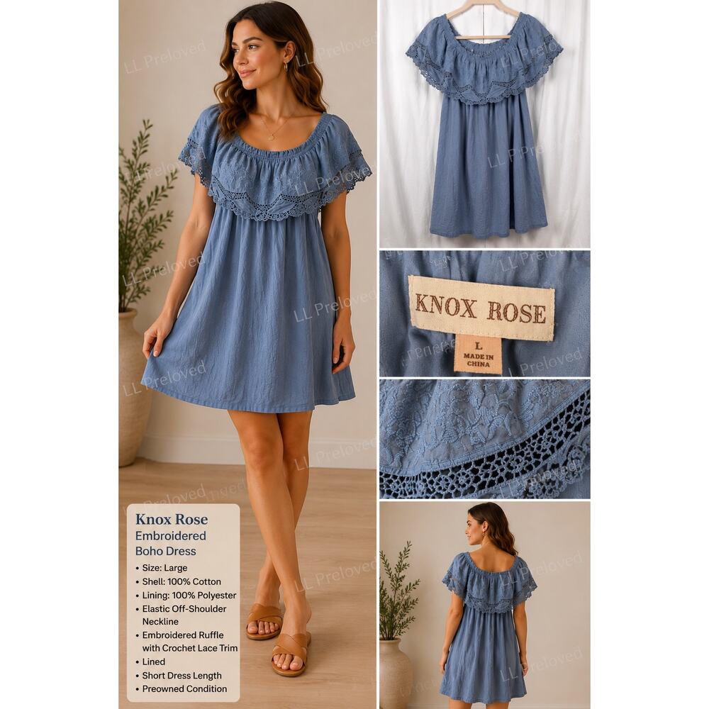 Knox Rose Blue Embroidered Boho Maxi Dress Women’s Large Cottagecore Prairie